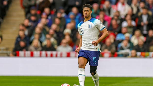 Jude Bellingham pictured playing for England against Ukraine in March 2023